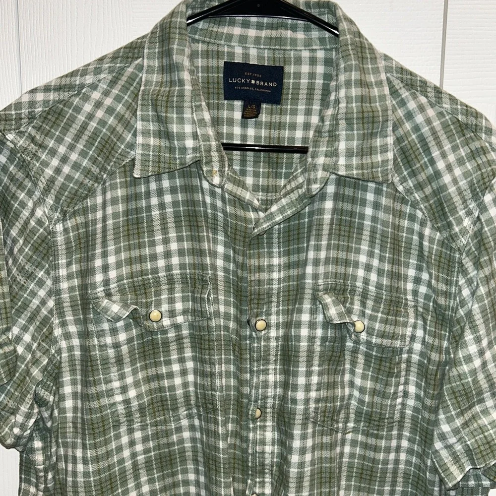 Lucky Brand Men's Western Pearl Snap Button Flannel Shirt Large Green Plaid‎