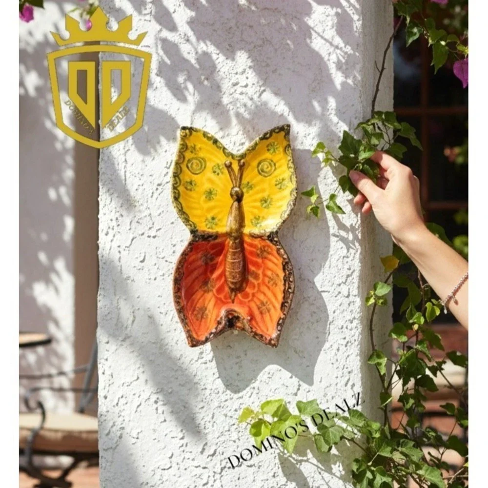 Italian Ceramic Butterfly‎ Wall Plaque Hand Painted Orange Yellow 9.25