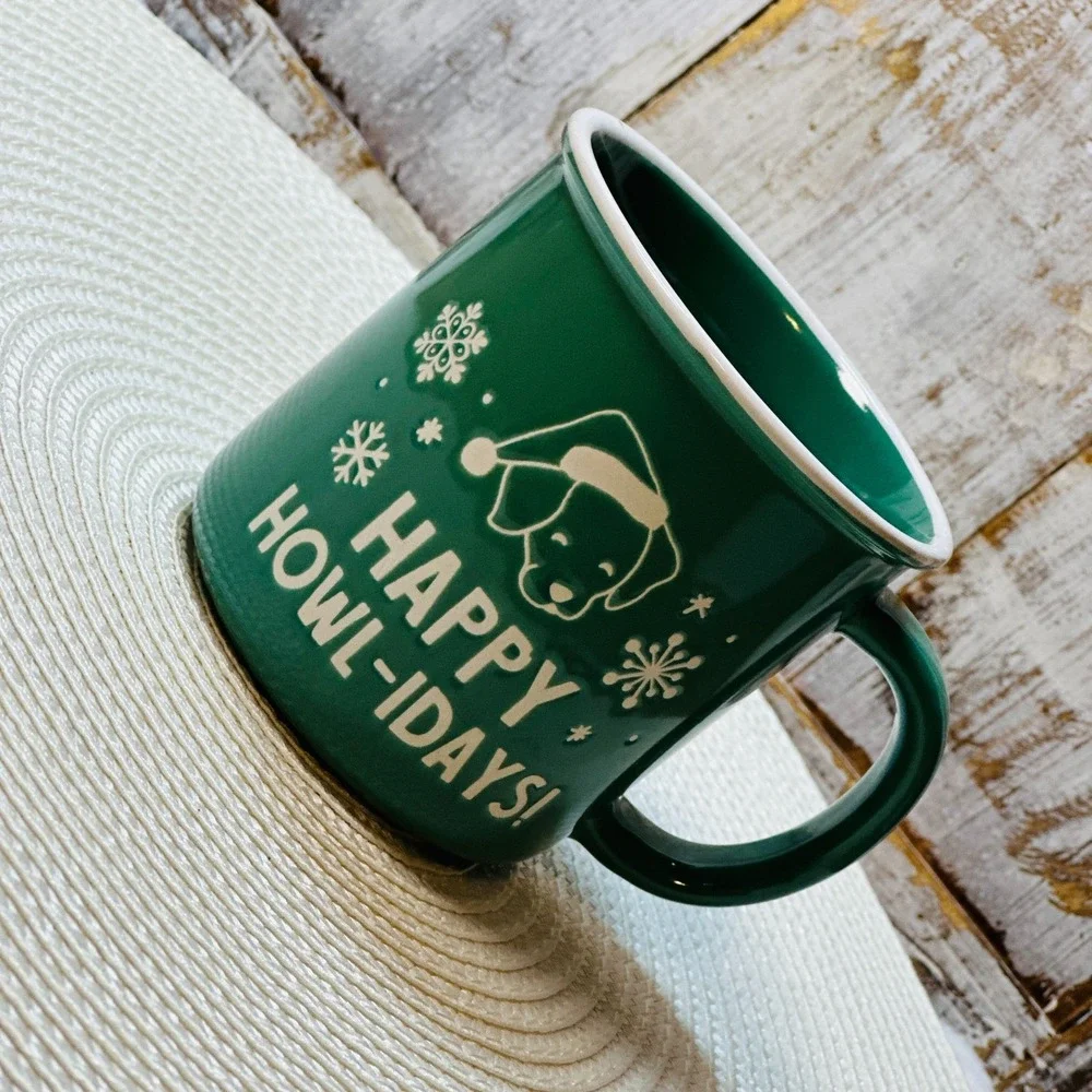 Happy‎ Howl-idays Christmas Puppy Dog Coffee Mug Cup Holiday Santa Snowflake