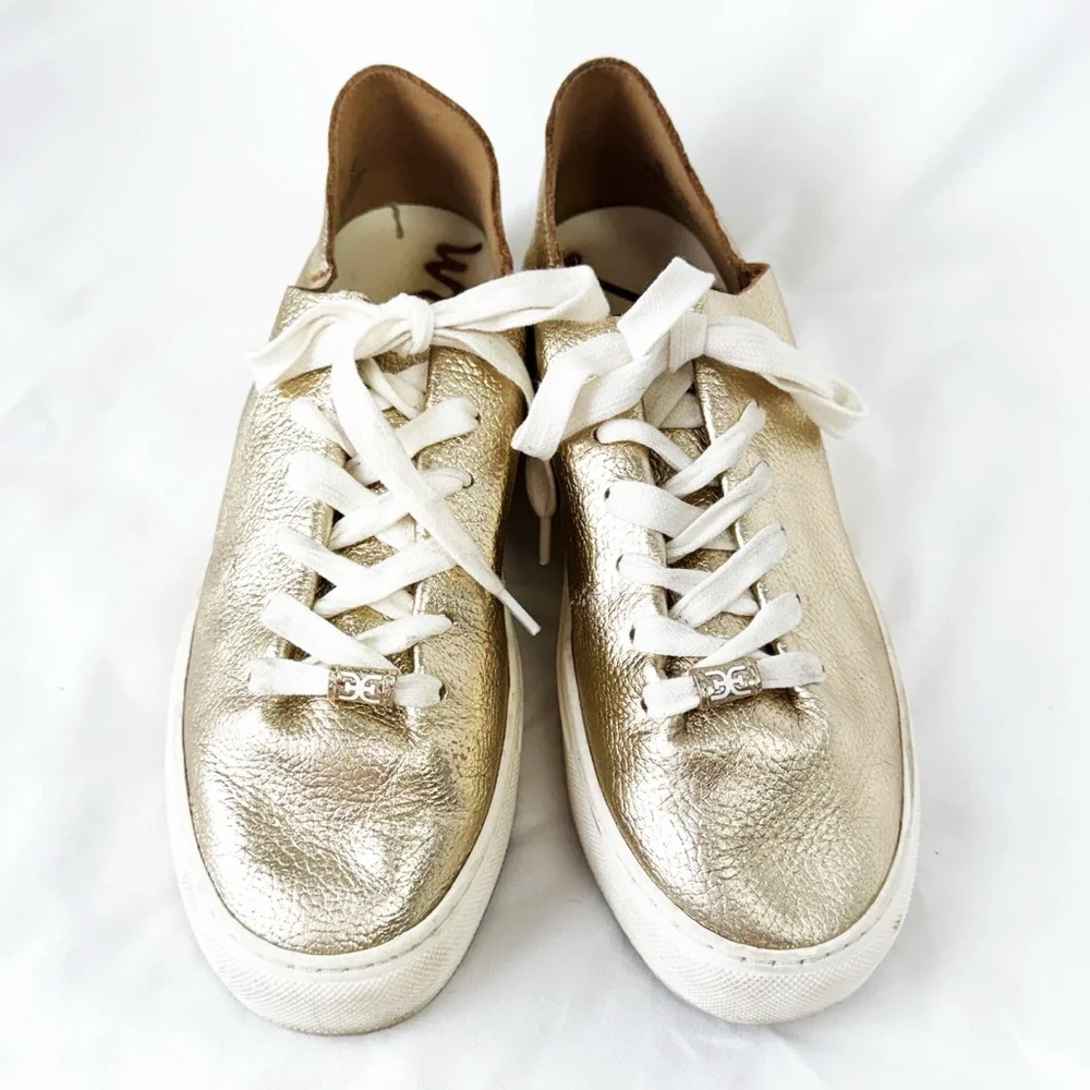 Sam Edelman Gold Metallic Leather Lace-Up Sneakers