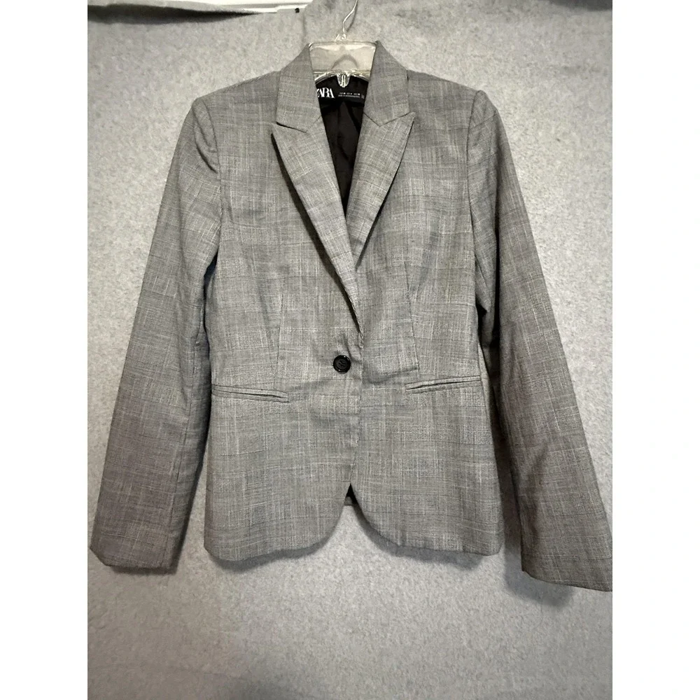 Zara Blazer Womens 4 Gray Plaid One Button Lined Stretch Tailored‎ Jacket Career