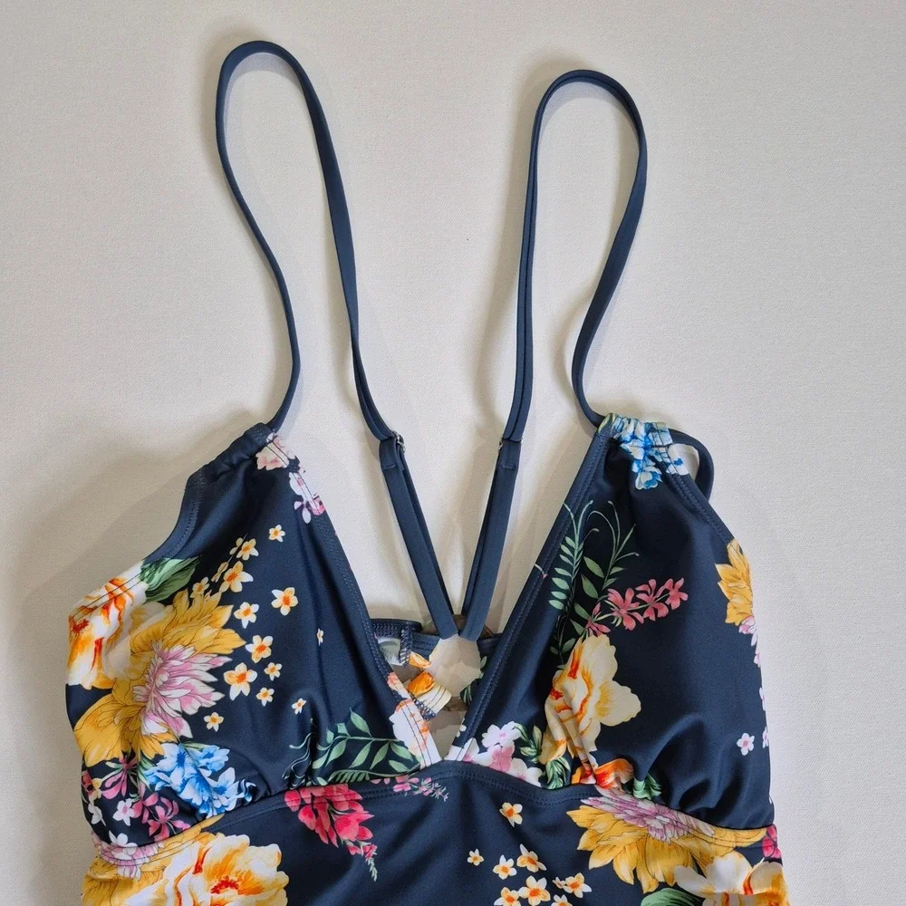 Cupshe Womens‎ Navy Floral Ruched V-Neck One Piece Swimsuit Cutout Back Size XL