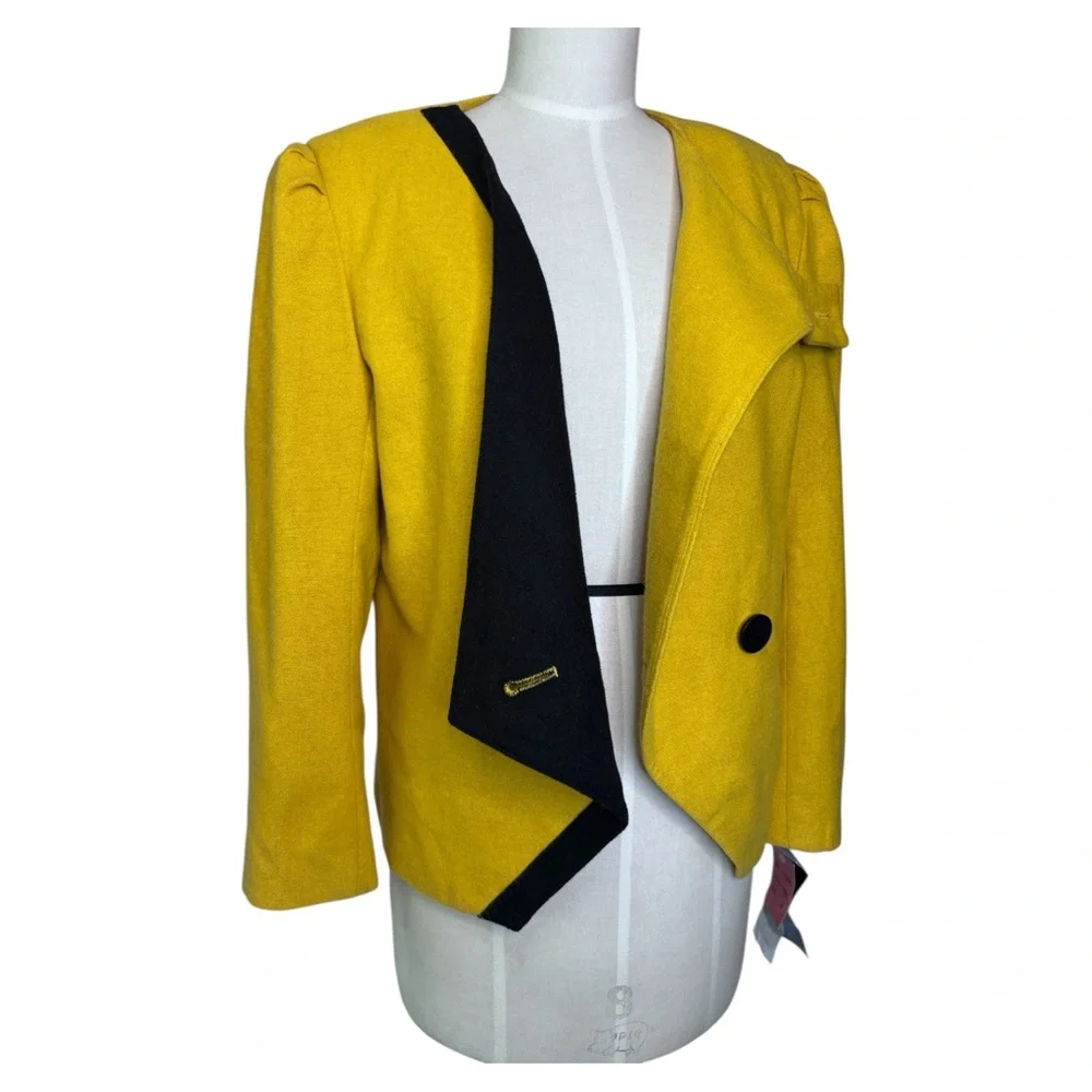 Vintage 80s Abstract Color-block Yellow‎ and Black Statement Wool Jacket 10P