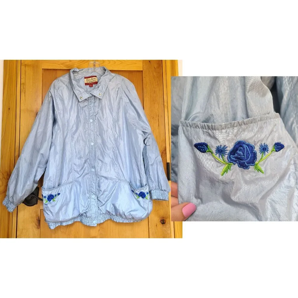Tudor Court XL Embroidered Powder Blue‎ Floral Windbreaker Jacket Shiny Pastel