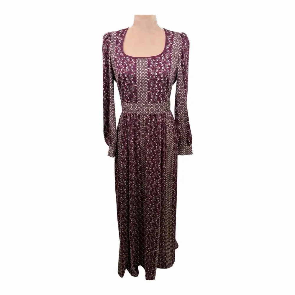 Gal Meets Glam Collection Dress US 4 Burgundy Floral Long Sleeve Square Neck