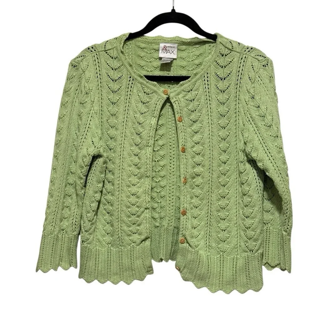 Y2K Cropped Apple Green Open Pointelle Knit Womens Cardigan Sweater Size Small