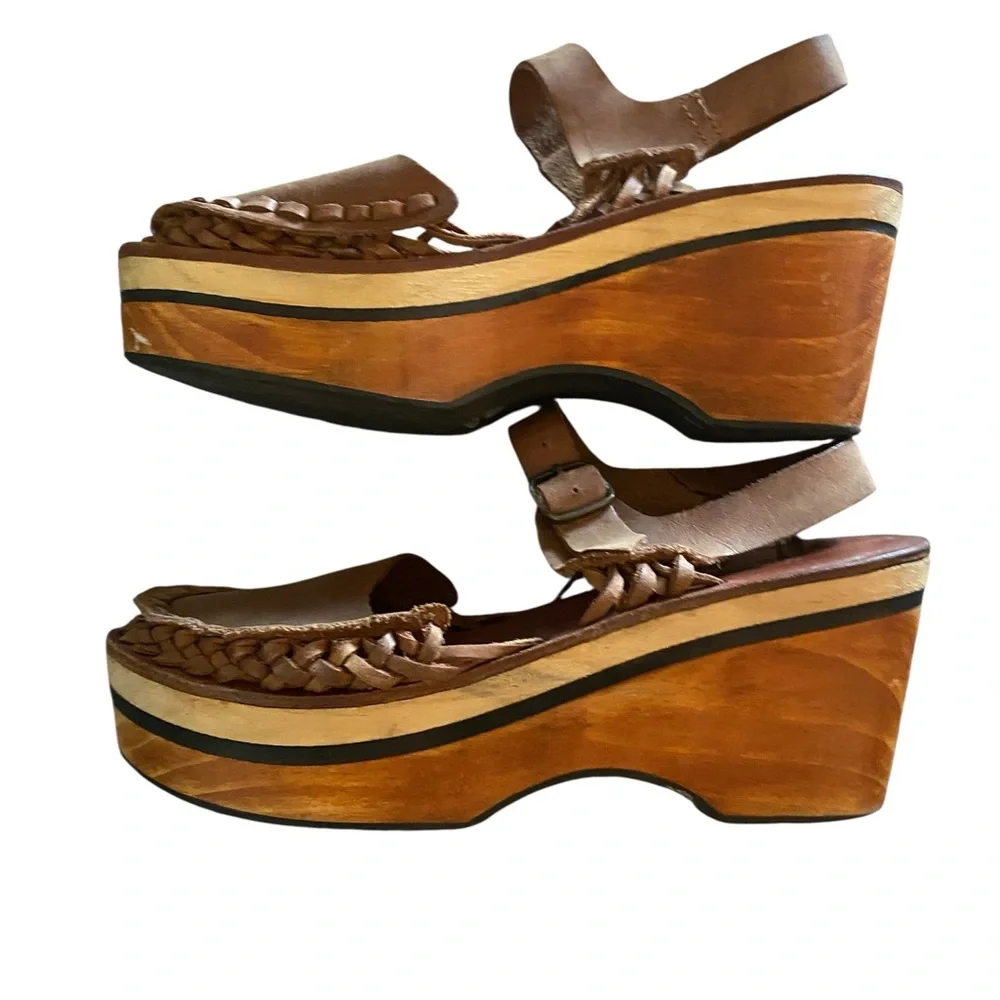 Free People Brown Leather Woven Platform Clog Mules