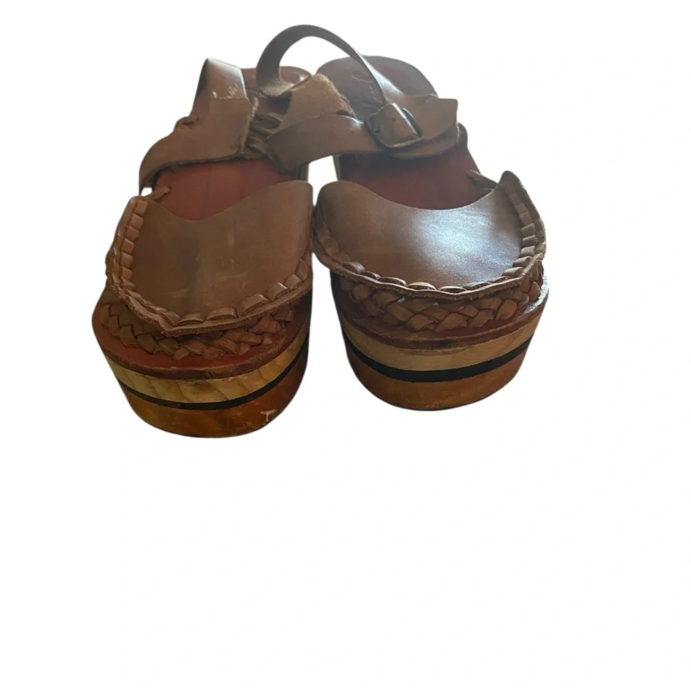 Free People Brown Leather Woven Platform Clog Mules