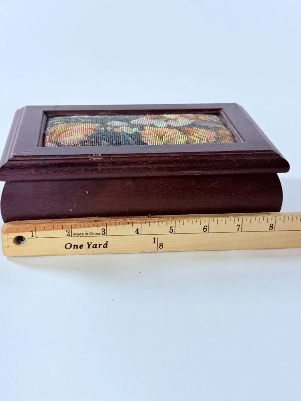 Vintage Wooden Jewelry Box W/Floral Needlepoint Lid Mirror Interior Tray Missing