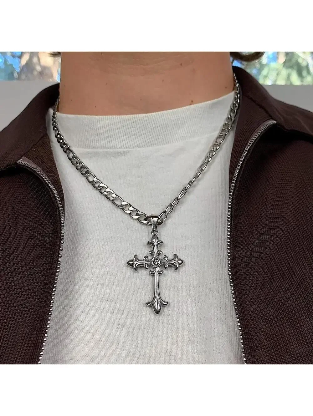 Y2k style Silver Figaro Big Gothic Rhinestone Cross Pendant Necklace. Stainless