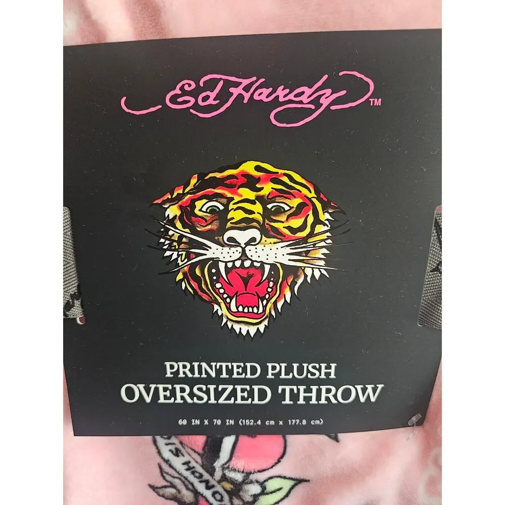 Ed Hardy Pink Tiger Printed Plush Oversized Throw Fleece Blanket NWT 60 x 70