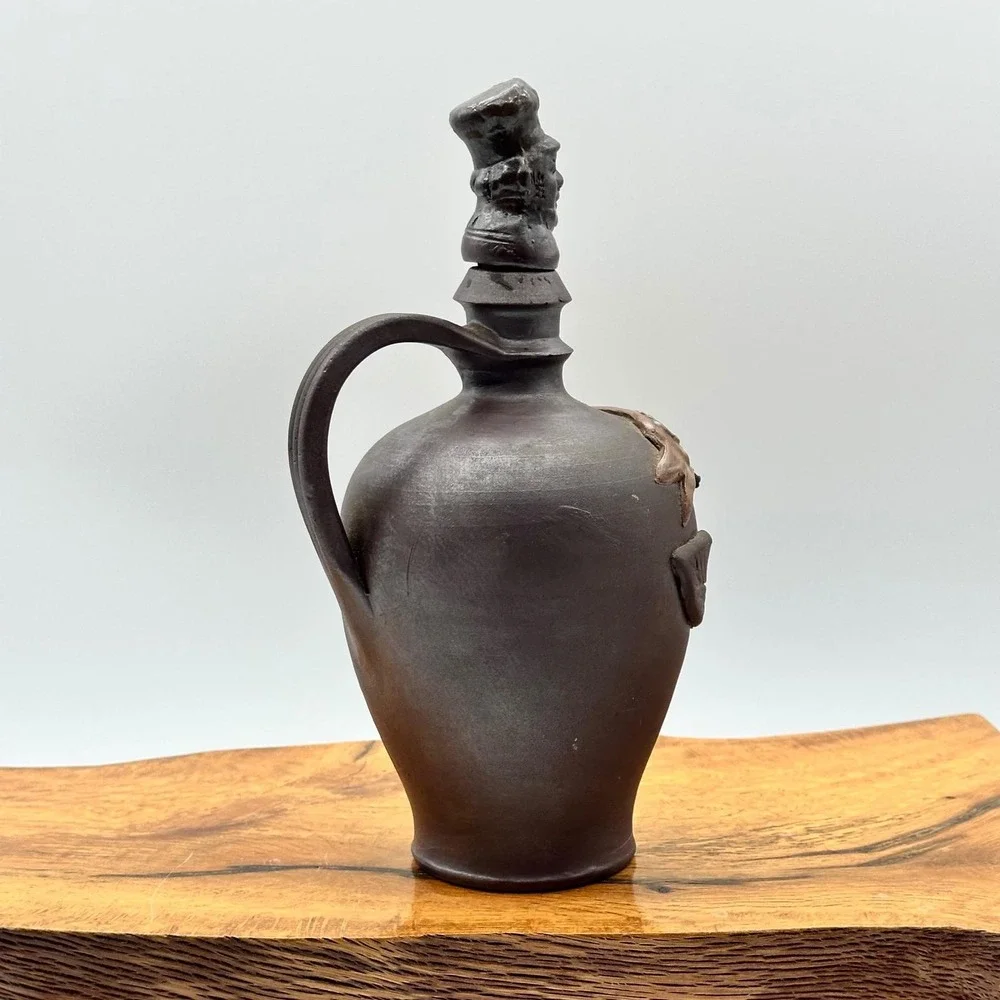 Calvados Vintage French Stoneware Decanter Jug with Figural Head Stopper