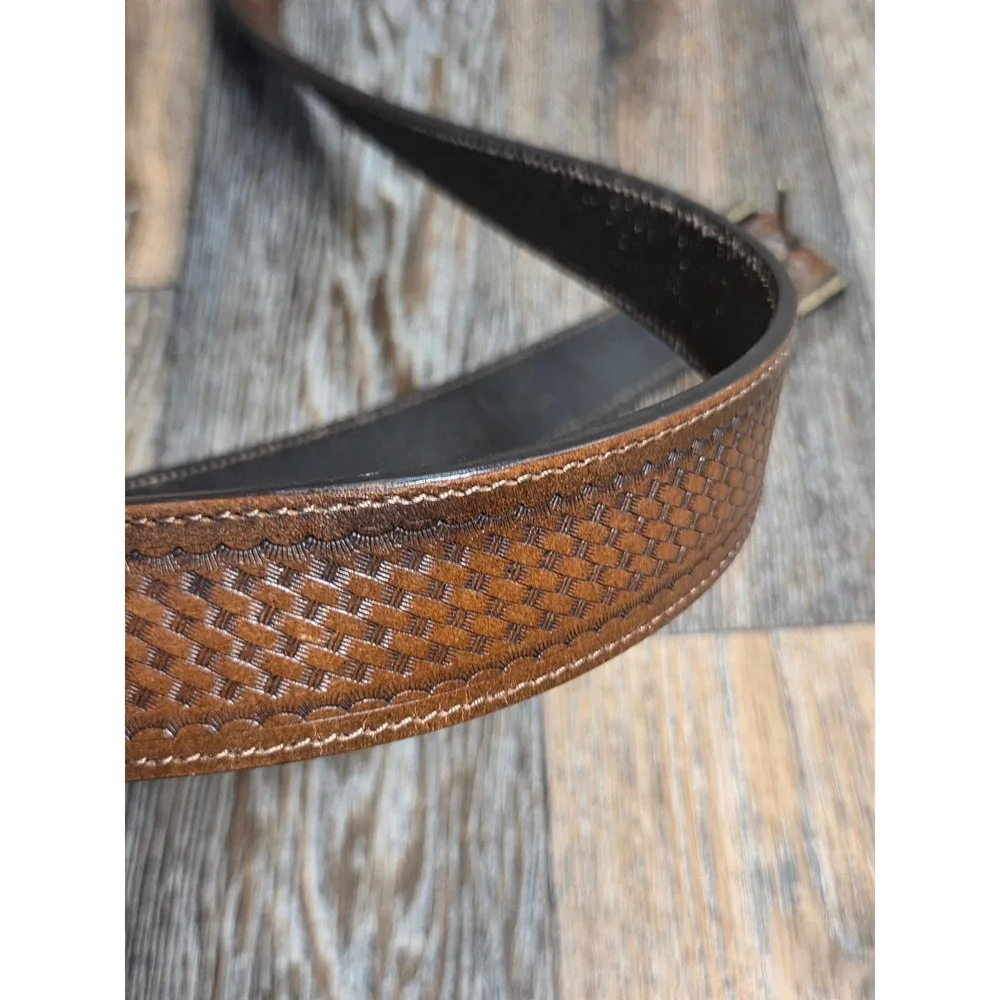 Mens Basketweave Embossed Brown Leather Western Belt Antique Brass Buckle 40