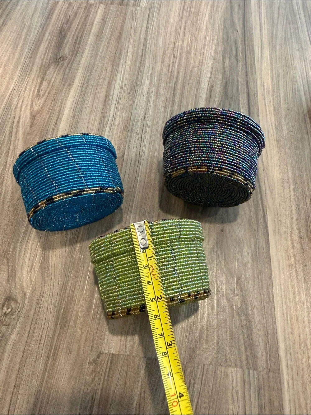 Handwoven Beaded Round Storage Boxes Set - Blue, Green & Multicolor