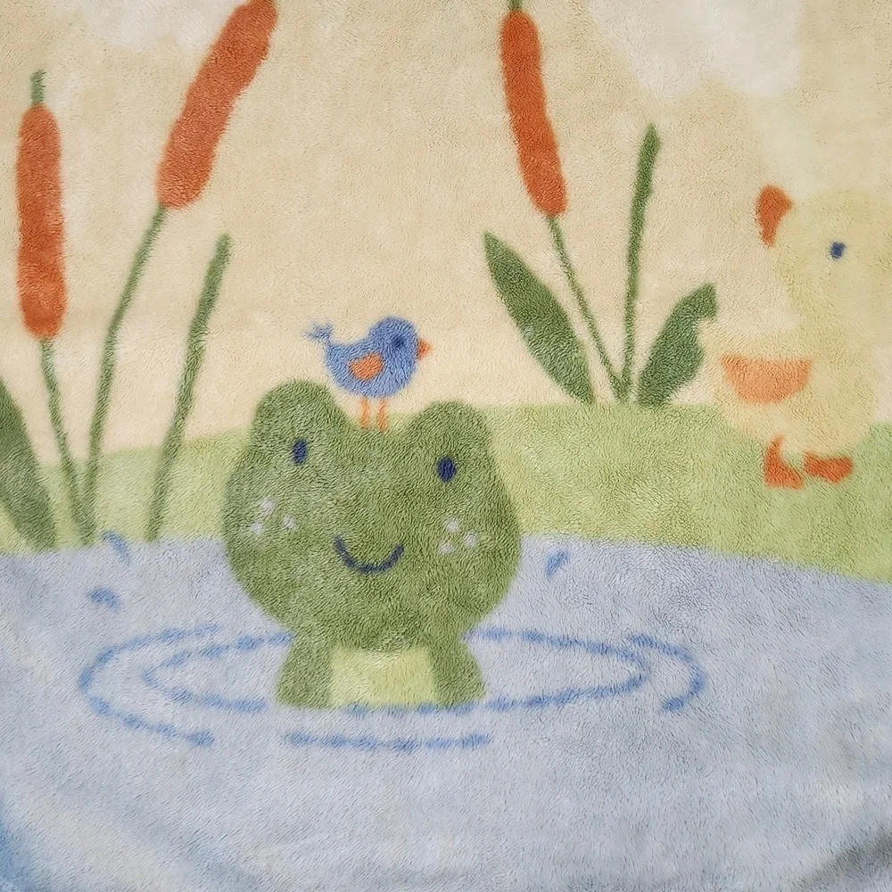 Vintage Carter's Baby Blanket Frog Pond Duck Bird Blue Green Plush‎ Blanket