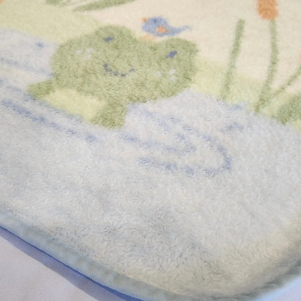 Vintage Carter's Baby Blanket Frog Pond Duck Bird Blue Green Plush‎ Blanket