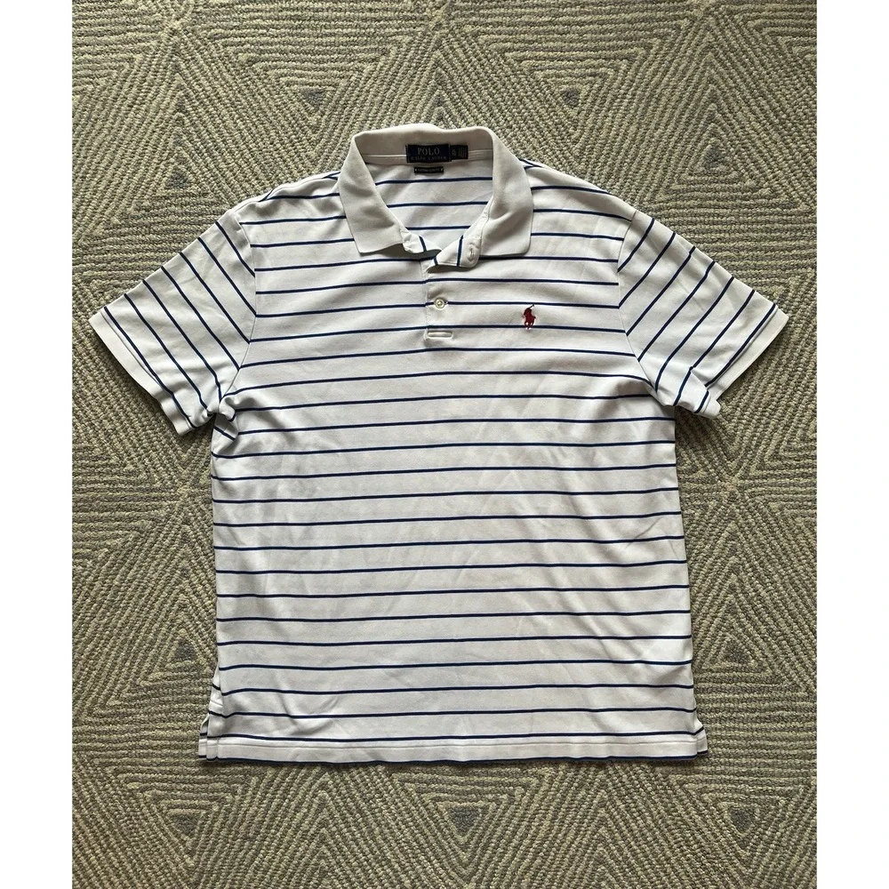 Polo Ralph Lauren Custom Slim Fit Polo Shirt - White/Blue‎ w/ Red Horse  - XL