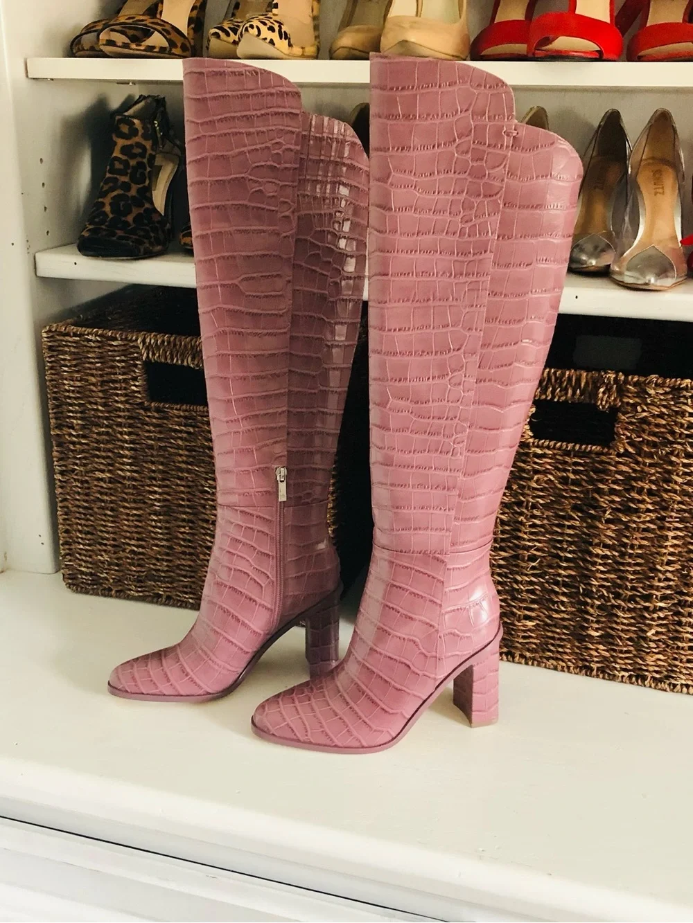 Marc Fisher Pink Croc-Embossed Over-the-Knee Block Heel Boots