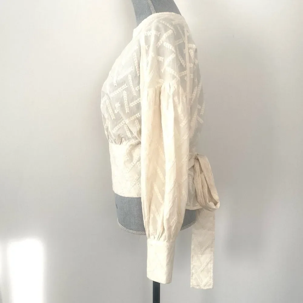Odile Anthropologie Cream Embroidery Puff Sleeve Blouse Top Tie Waist Sz 3 / XL