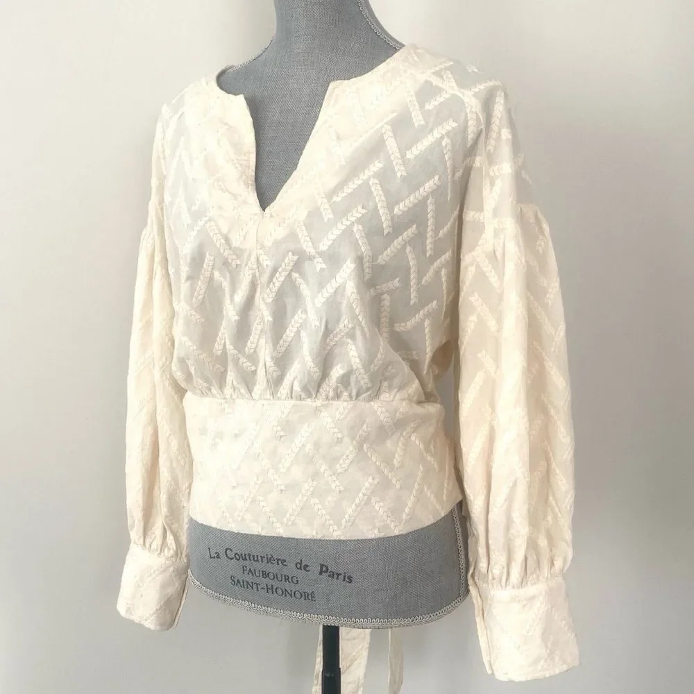 Odile Anthropologie Cream Embroidery Puff Sleeve Blouse Top Tie Waist Sz 3 / XL