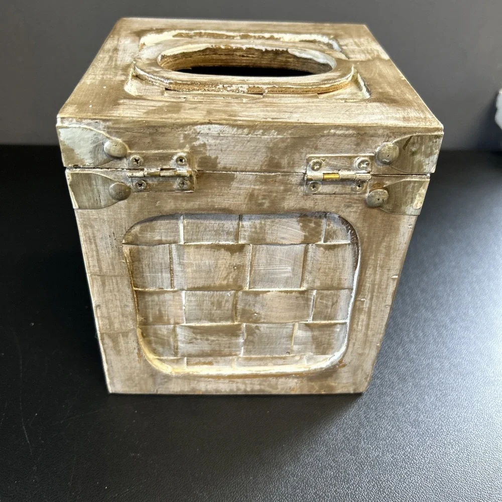Rustic Cabin Upcycled Wooden Tissue Box Cover Square Facial Holder Hinged Lidded
