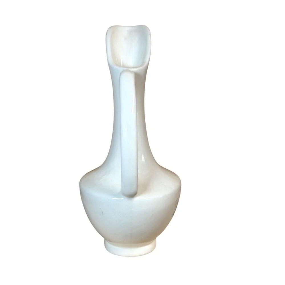 Vintage White Ceramic Pitcher Mid Century Modern Sleek Tall Spout Deco Vase‎