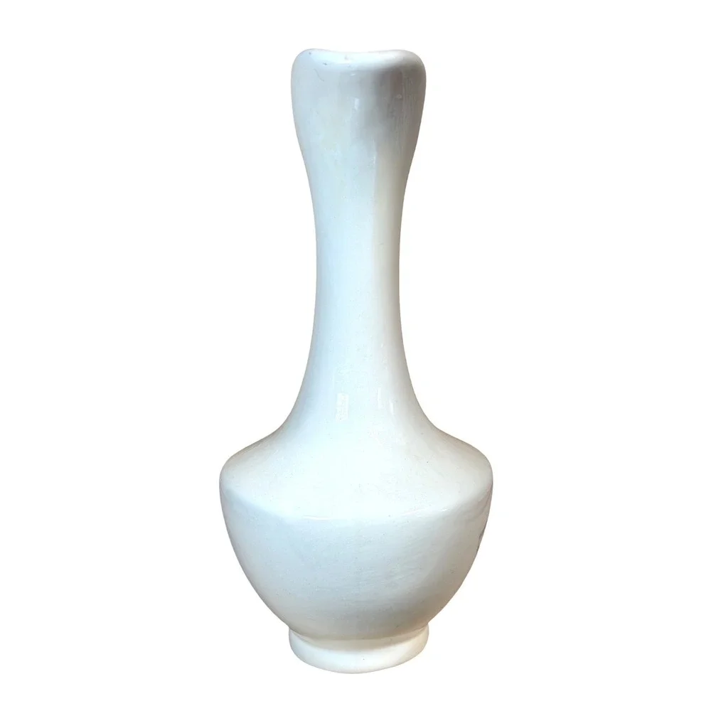 Vintage White Ceramic Pitcher Mid Century Modern Sleek Tall Spout Deco Vase‎