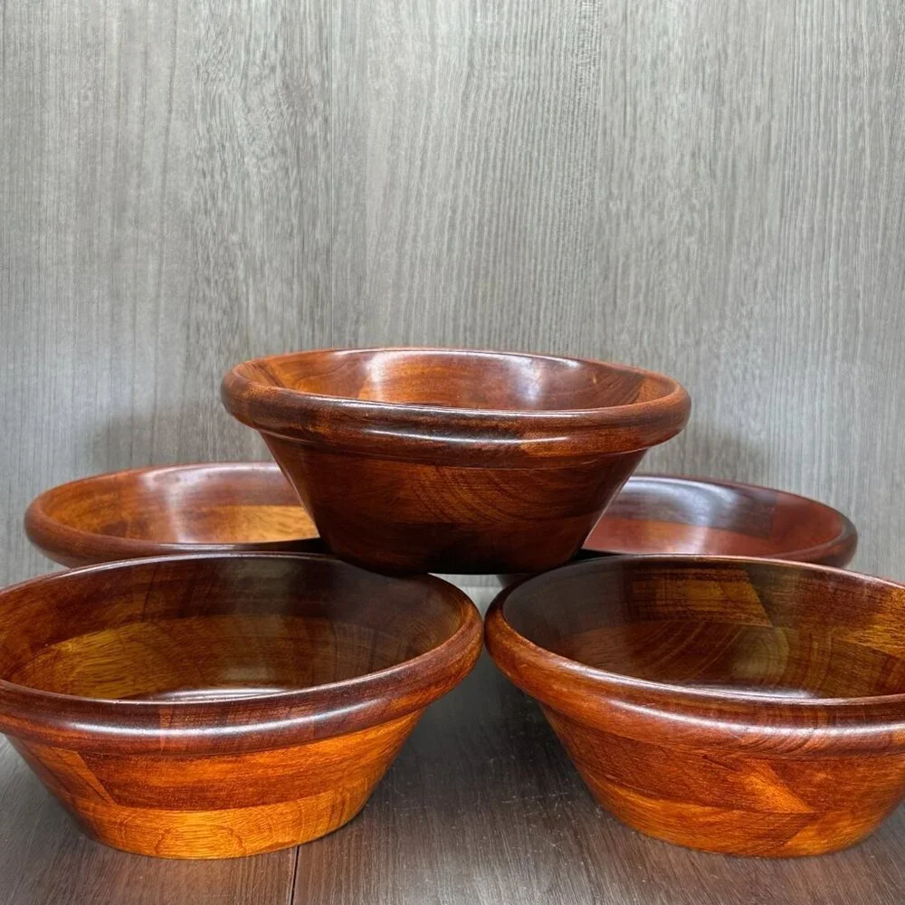 Mountain Woods Vintage Set of 5 Siamese Teak Wooden Salad Bowl Handcrafted Brown