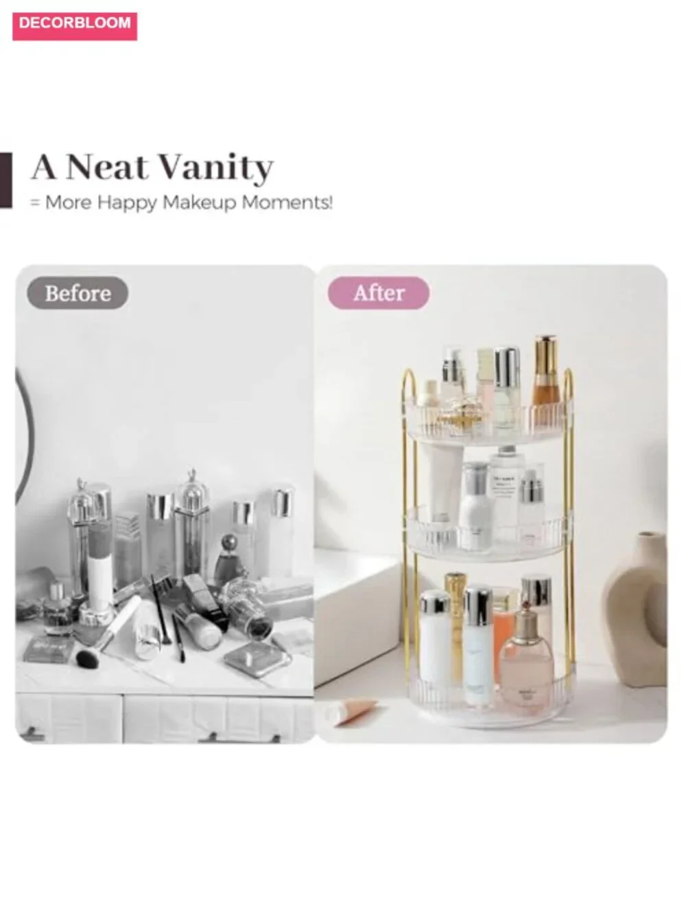 3-Tier 360° Rotating Makeup Organizer for Vanity Countertop - White
