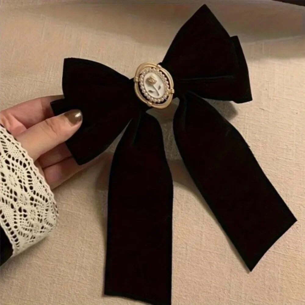 NEW Romantic Victorian Girl Black Velvet Gold Rose Bow Hair Clip