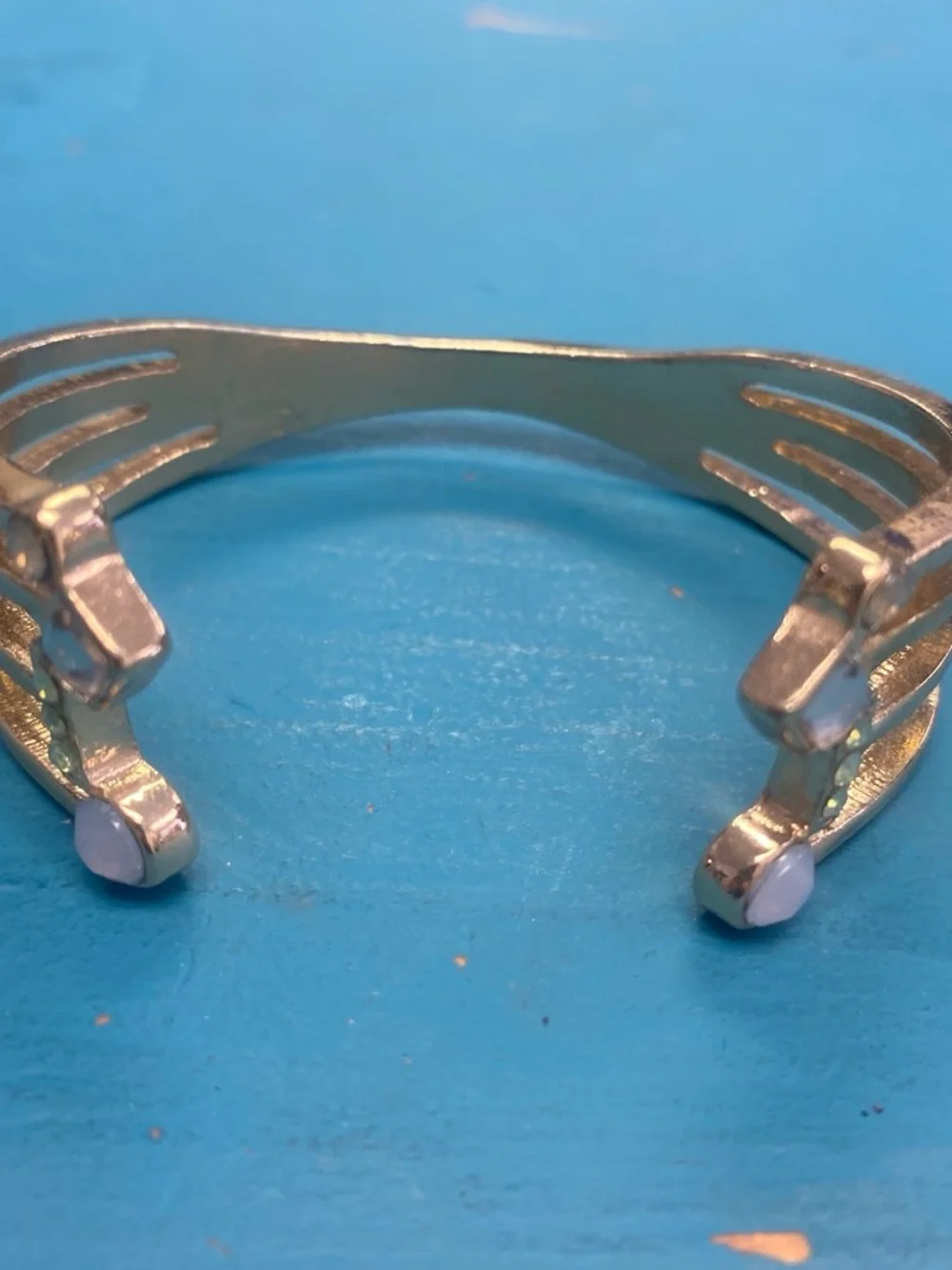 Gold-Tone Open Cuff Bracelet with White, green  Stone Accents