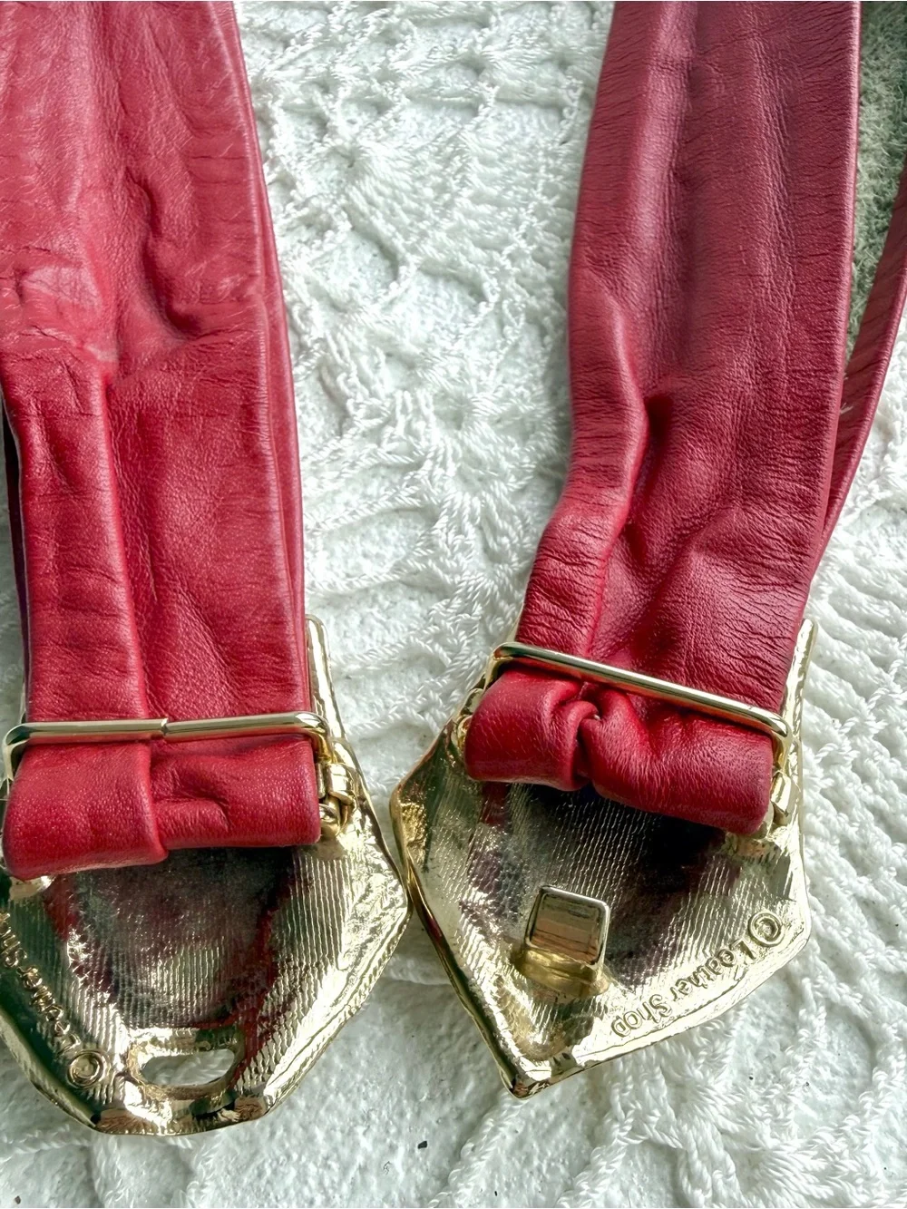 Vintage 80s Red Leather Statement Belt Gold Sculptural Buckle Adjustable