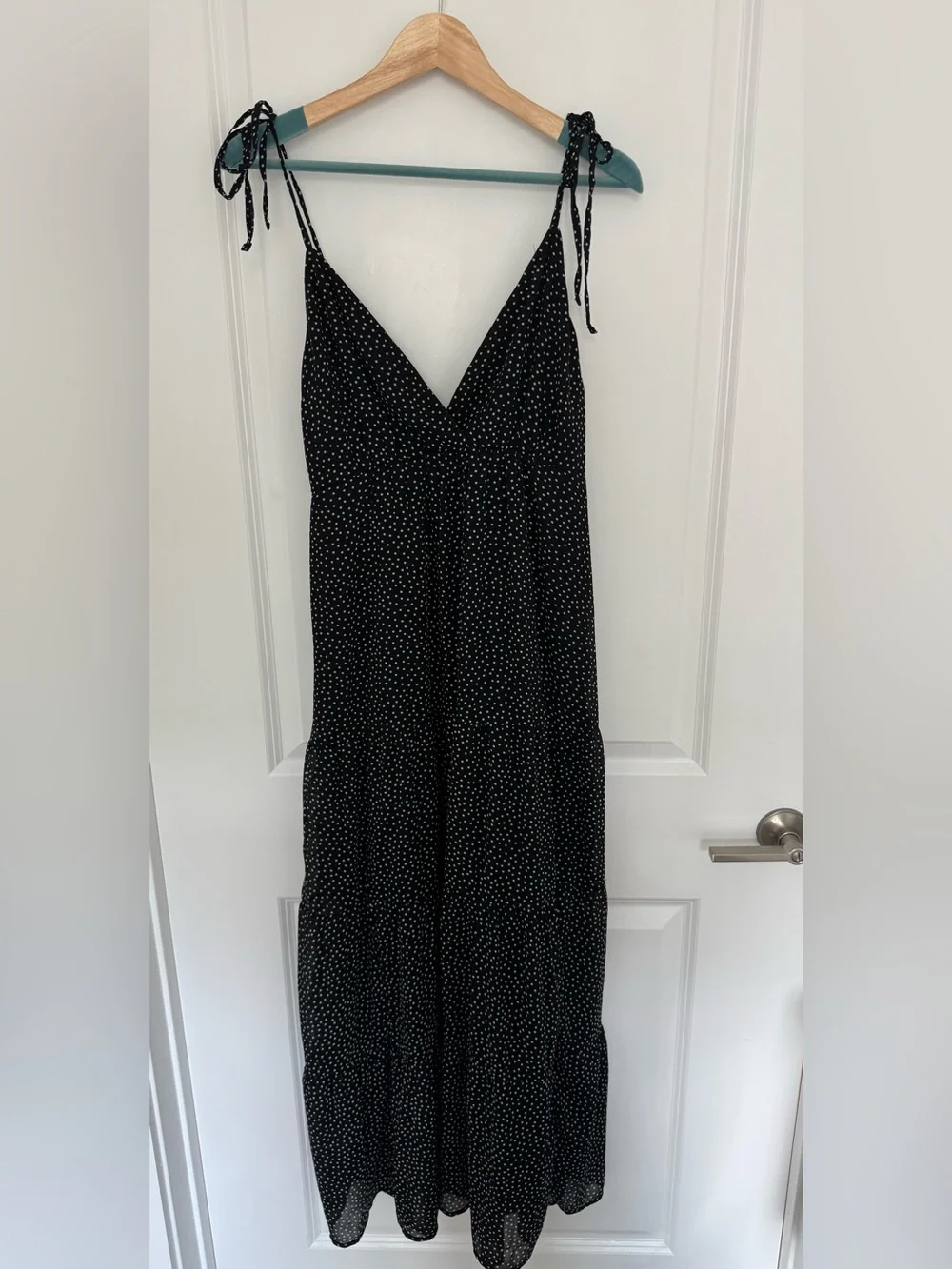 Abercrombie & Fitch V Neck Tiered Black Polka Dot Maxi Dress with Tie Straps