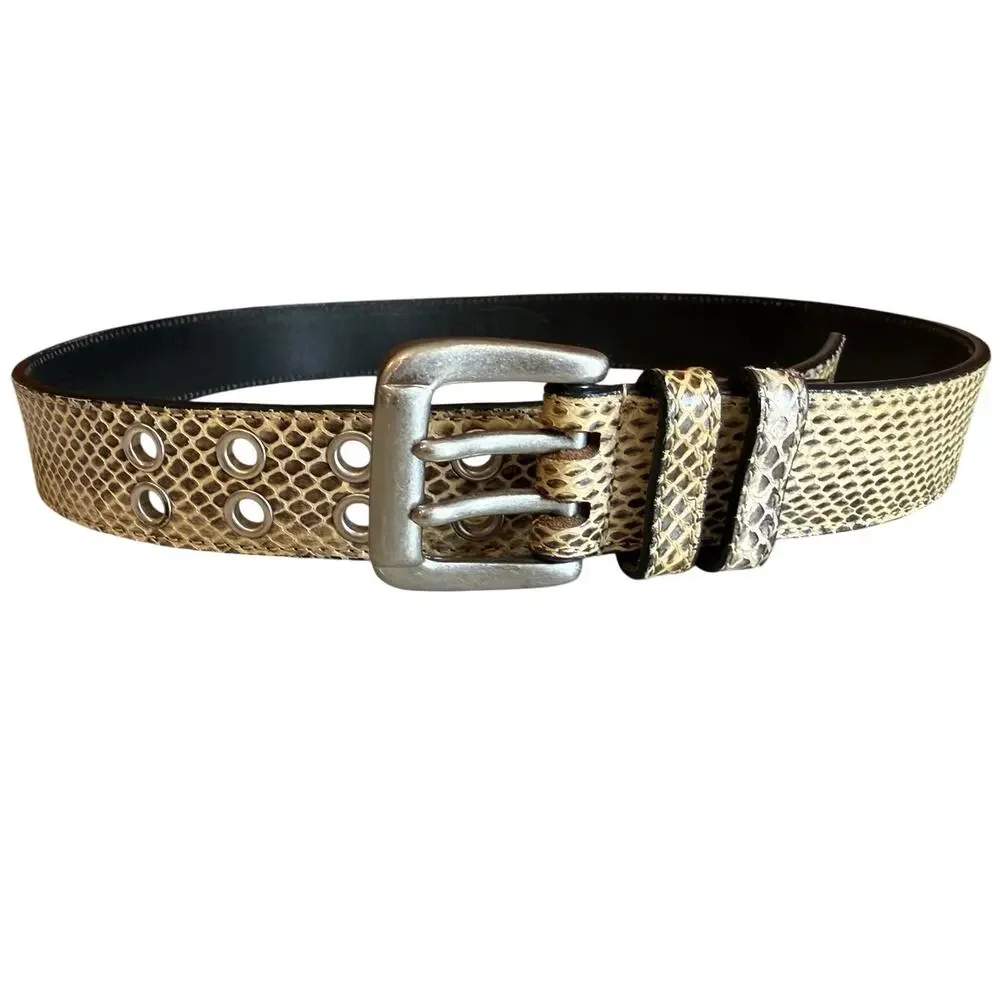 Double Prong Leather Statement Belt Snake Python Print