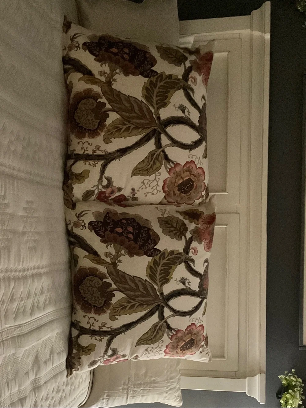 Pottery Barn Floral Throw Pillow Pair in Cream, Olive, and Rose