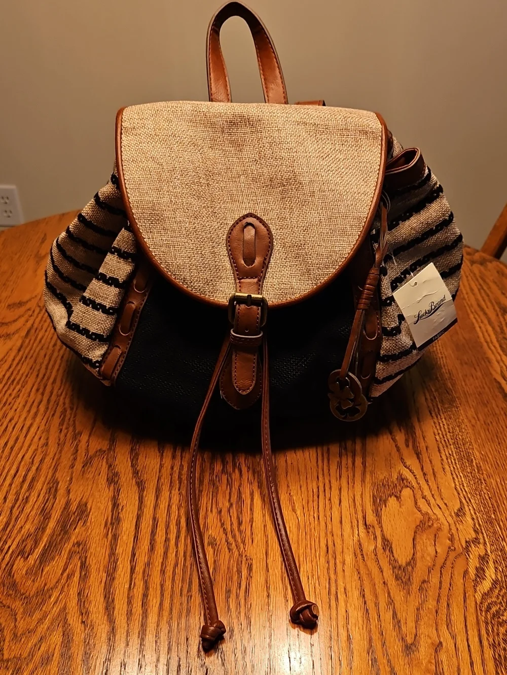 Lucky Brand Kendal Striped Canvas & Brown Leather Drawstring Backpack