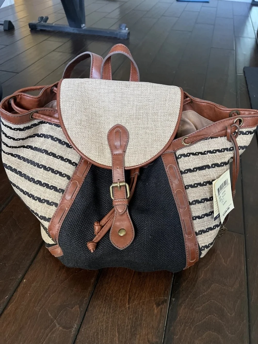 Lucky Brand Kendal Striped Canvas & Brown Leather Drawstring Backpack