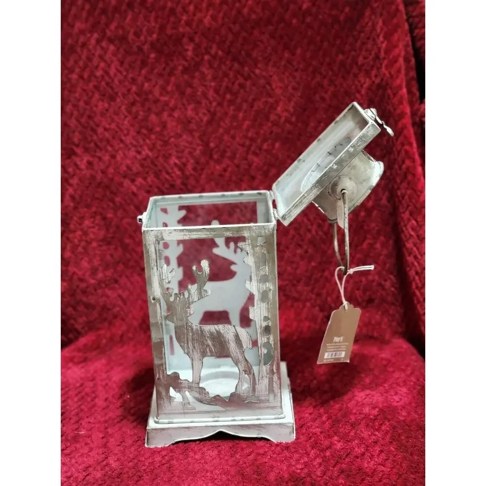 NWT FARMHOUSE REINDEER HOLIDAY LANTERN LAMP Tealight Holder Metal/Glass Pier 1