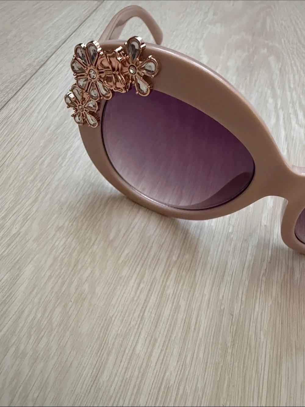 Betsey Johnson Nude Pink Round Sunglasses with Rose Gold Floral Accents