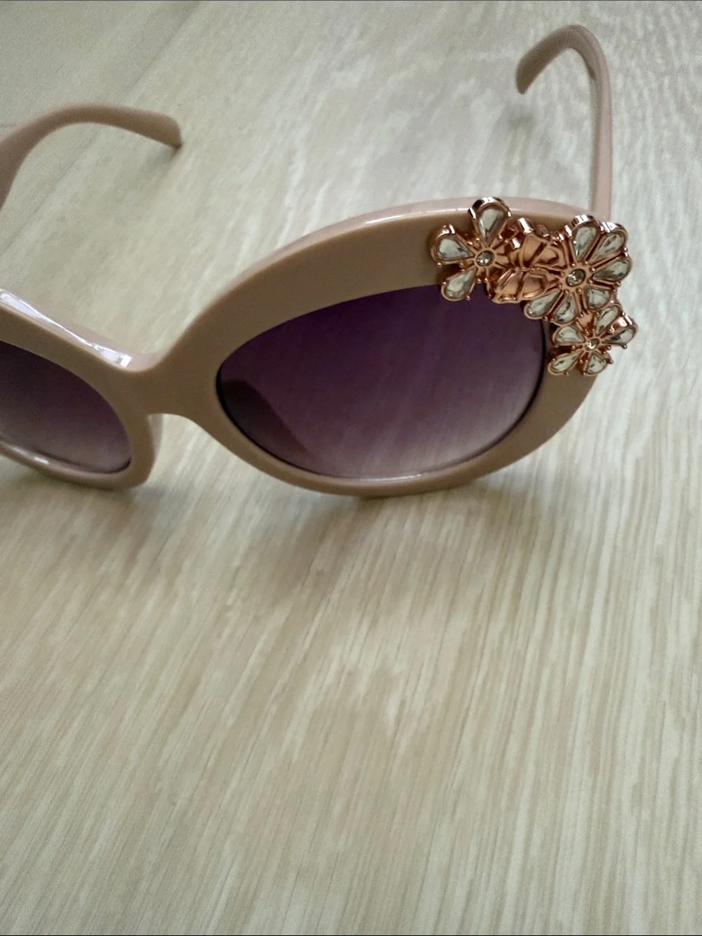Betsey Johnson Nude Pink Round Sunglasses with Rose Gold Floral Accents