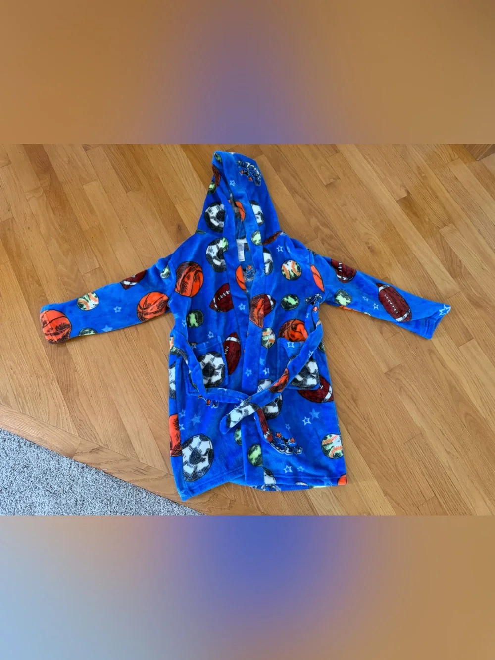 Kids Blue Sports Print Fleece Robe with Hood