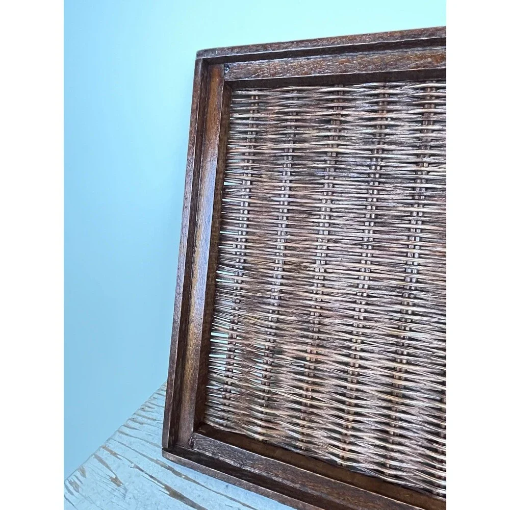 Vintage Deep Brown Rectangular Wicker Rattan And Wooden Serving Breakfast Tray