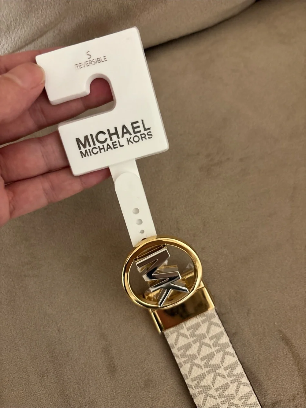 Authentic Michael Kors Reversible Logo Monogram Belt Brown/Vanilla Size Small