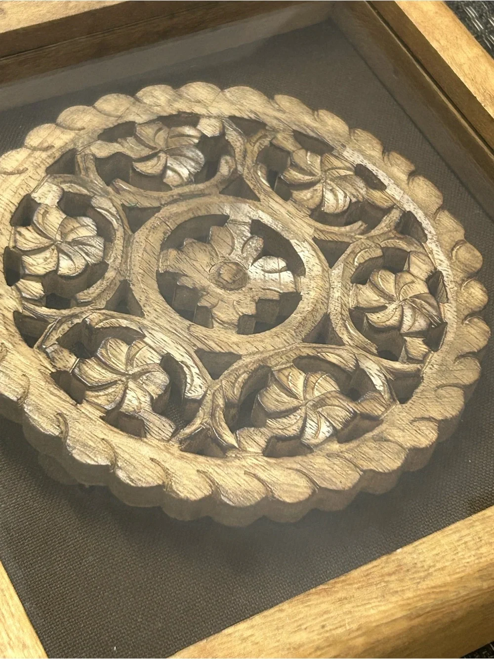 Hand Carved Wood Fretwork Framed Shadow Box Wall Art Medallion Decor