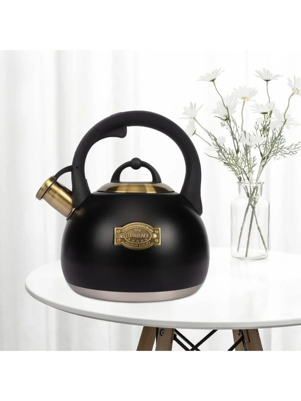 Black Kitchen Whistling Tea Kettle 3.1 Quart Stainless Steel Stovetop Tea Pot