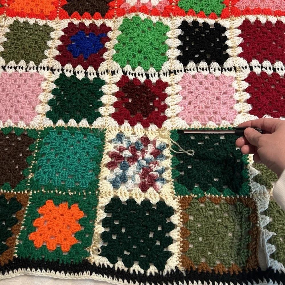 VTG Crochet Granny Square Black Multicolor Afghan Throw Blanket 49x43 Retro READ