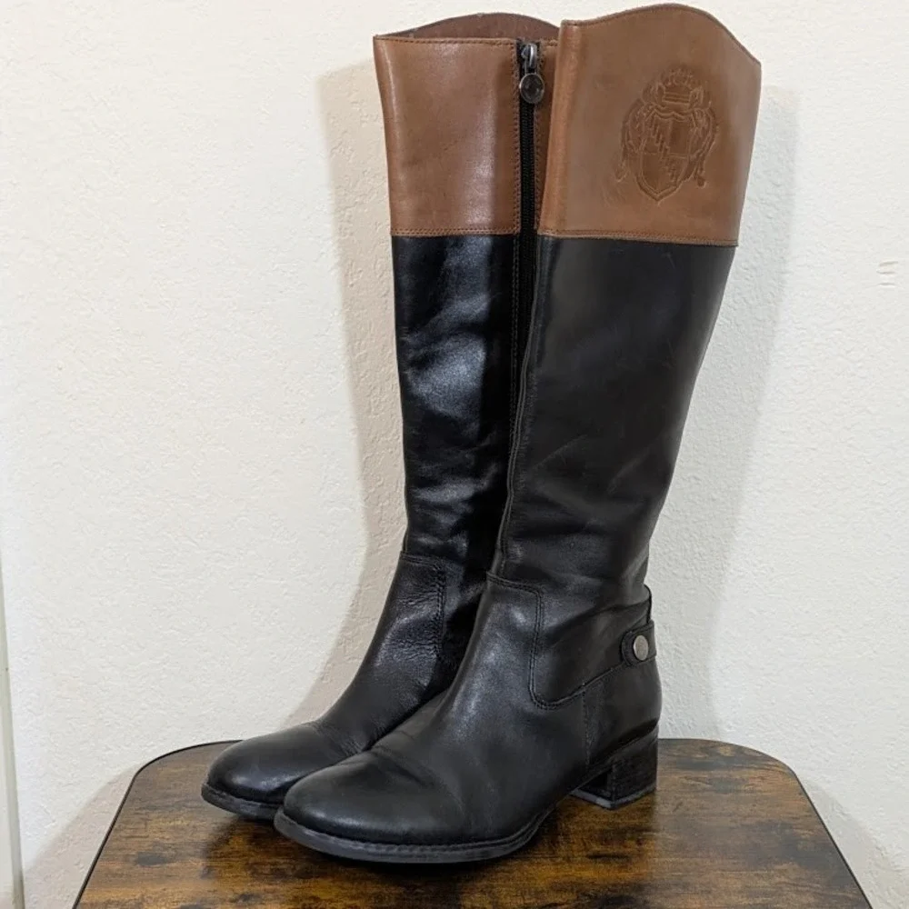 Franco Sarto Tall‎ Riding Boots Black Brown Leather Crest Detail Women US 8