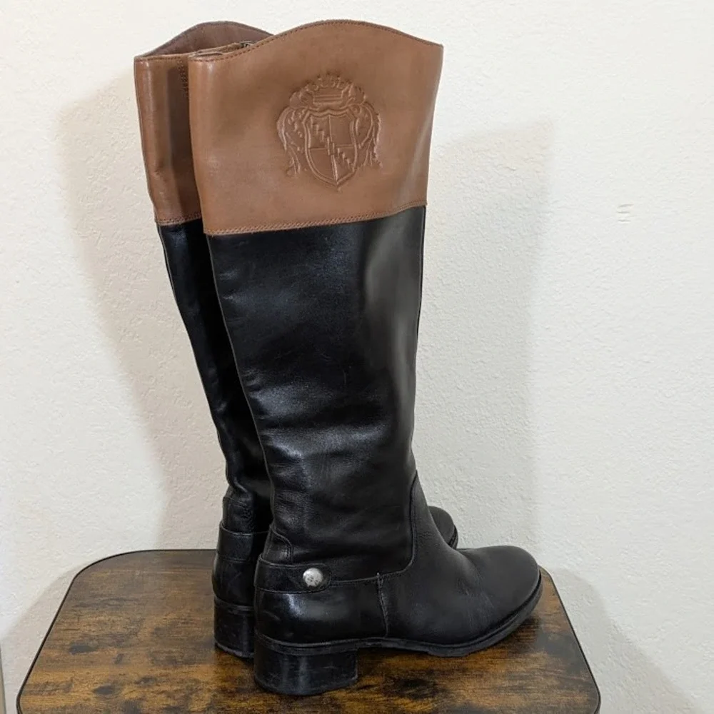 Franco Sarto Tall‎ Riding Boots Black Brown Leather Crest Detail Women US 8