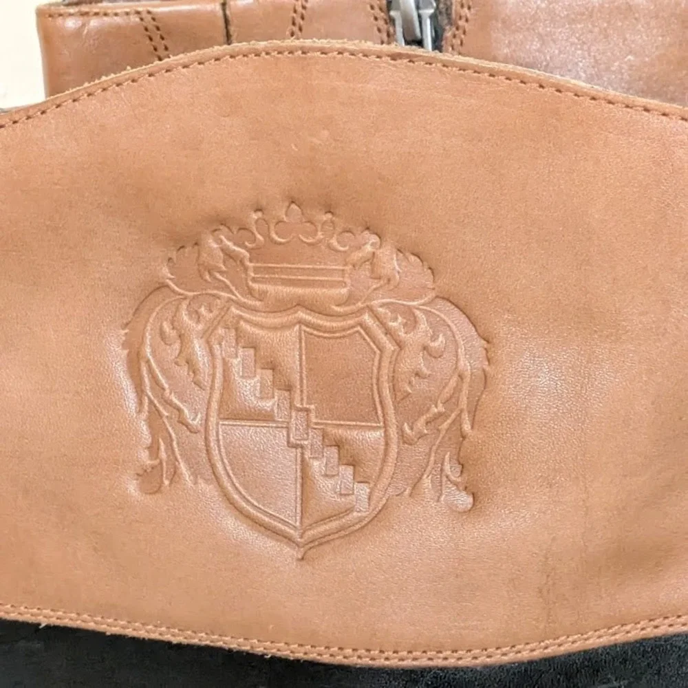 Franco Sarto Tall‎ Riding Boots Black Brown Leather Crest Detail Women US 8