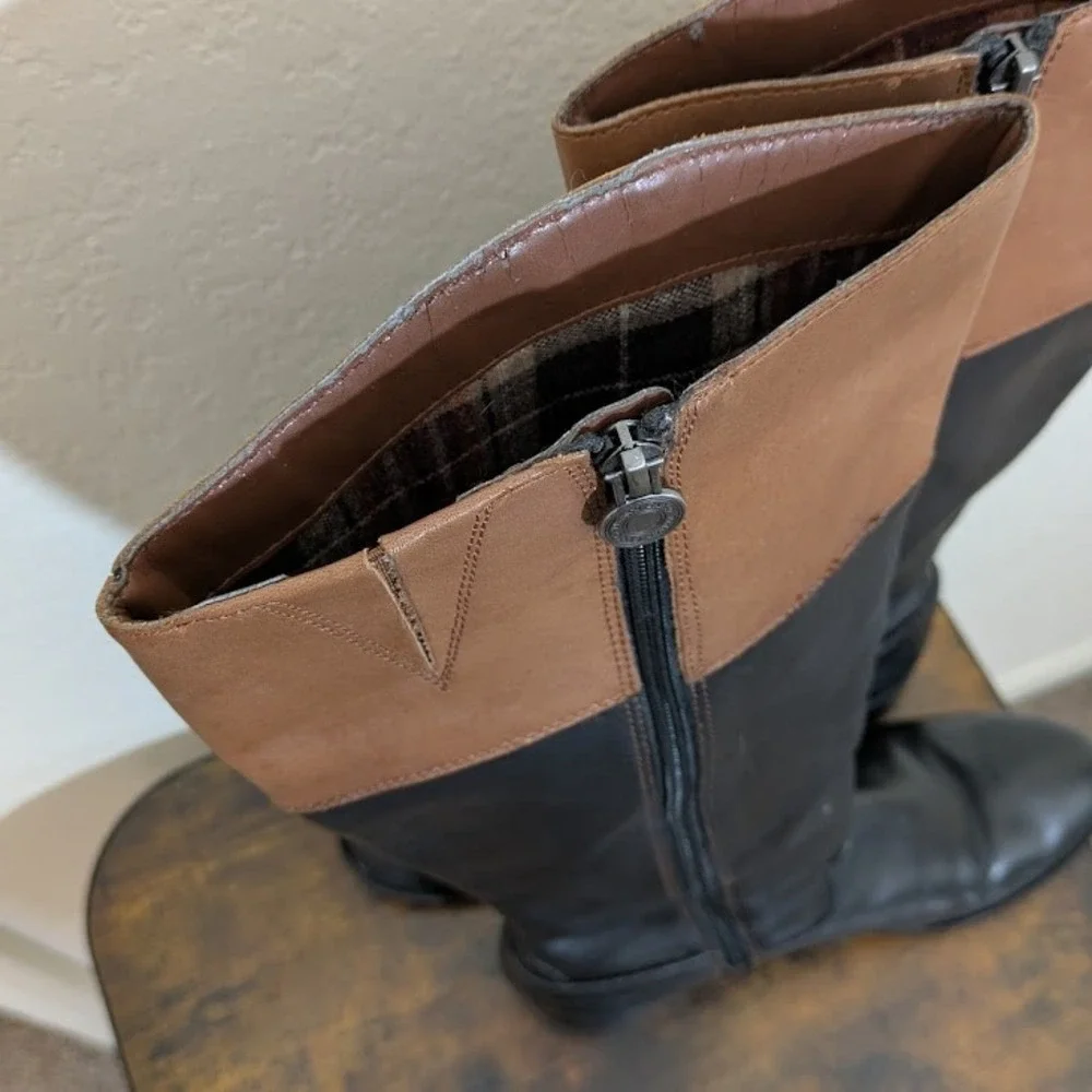 Franco Sarto Tall‎ Riding Boots Black Brown Leather Crest Detail Women US 8